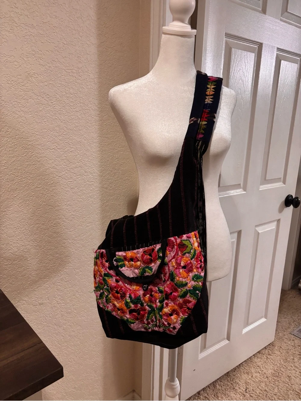 Embroidered Floral Black Hobo Bag with Pink Accents